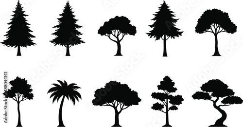 Stylized Black Tree Vectors Featuring Minimal Contours and No Internal Detail, Perfect for Use in Branding or Web Interfaces