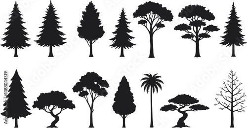 Vector Tree Silhouettes with No Interior Detail Featuring Realistic but Stylized Forms of Coniferous and Deciduous Trees