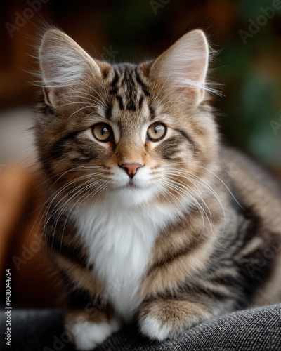 Kitten sitting calmly on bed with sunlight