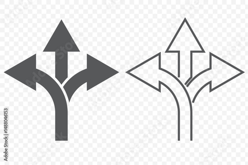 Three way arrow icon isolated on white background. 3 direction arrows sign symbol on Transparent Background. EPS 10.