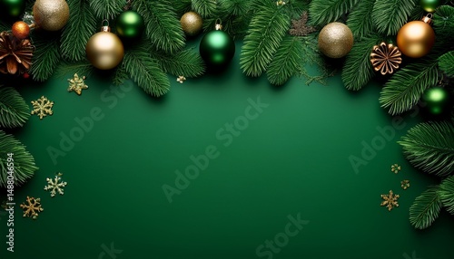 christmas border on green background with ornaments