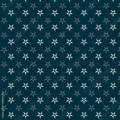 Small white flowers pattern doodle shapes motif continuous classic blue background. Modern floral fabric design textile swatch ladies dress, men's shirt all over print block.