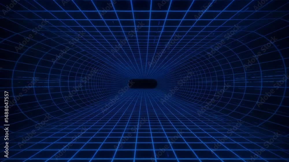 A futuristic blue digital tunnel with a wireframe grid creating a sense of infinite depth. Ideal for sci-fi, cyber, and virtual reality concepts.