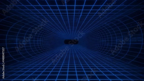 A futuristic blue digital tunnel with a wireframe grid creating a sense of infinite depth. Ideal for sci-fi, cyber, and virtual reality concepts.