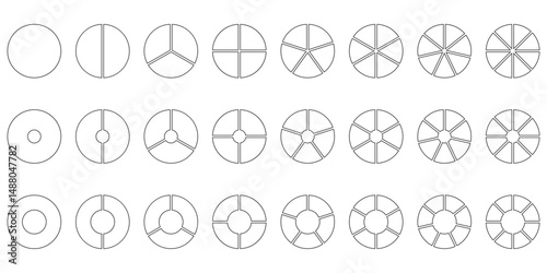 Segmented circles set. Diagram wheel parts. Line art segment slice sign. Circle section graph. Pie chart icon. Round diagram part infographic. Geometric element. Vector illustration