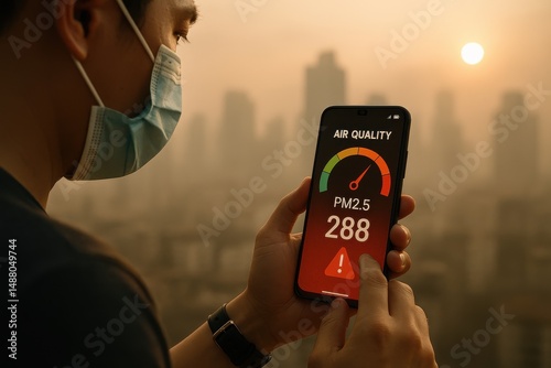 Air Quality Monitoring: A person monitors concerning pollution levels, gazing at a smartphone displaying a high PM2.5 reading, set against a cityscape.