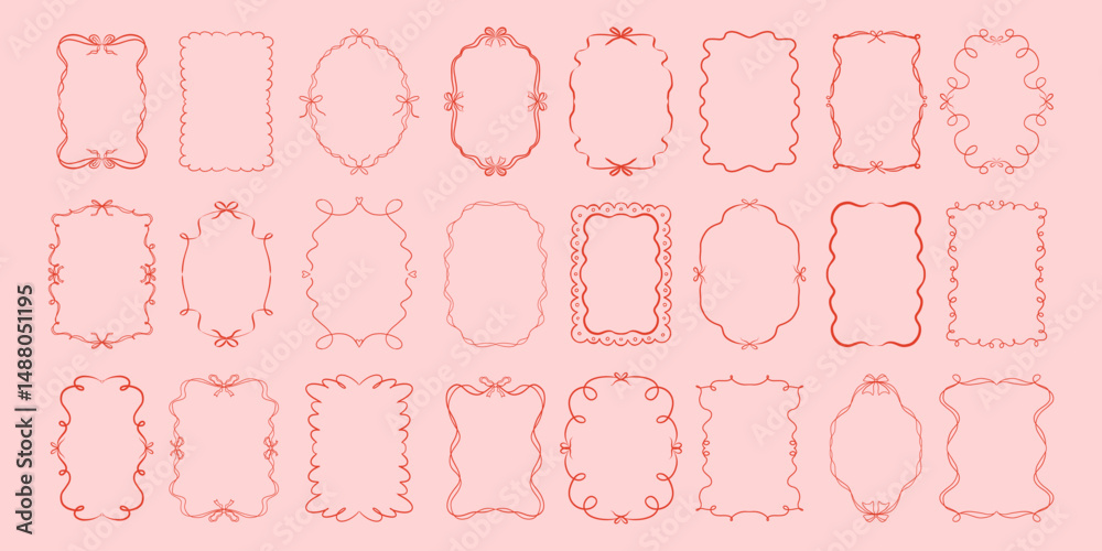 Set of doodle hand drawn trendy coquette frames with bows, ribbon and wavy lines. Vintage whimsical borders. Modern vector design template for wedding invitation, birthday card, print, holiday poster.