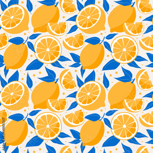 Seamless pattern with lemons and blue leaves. Cute background with citrus fruits. Modern trendy vector art design for print, fabric, wallpaper, wrapping paper.