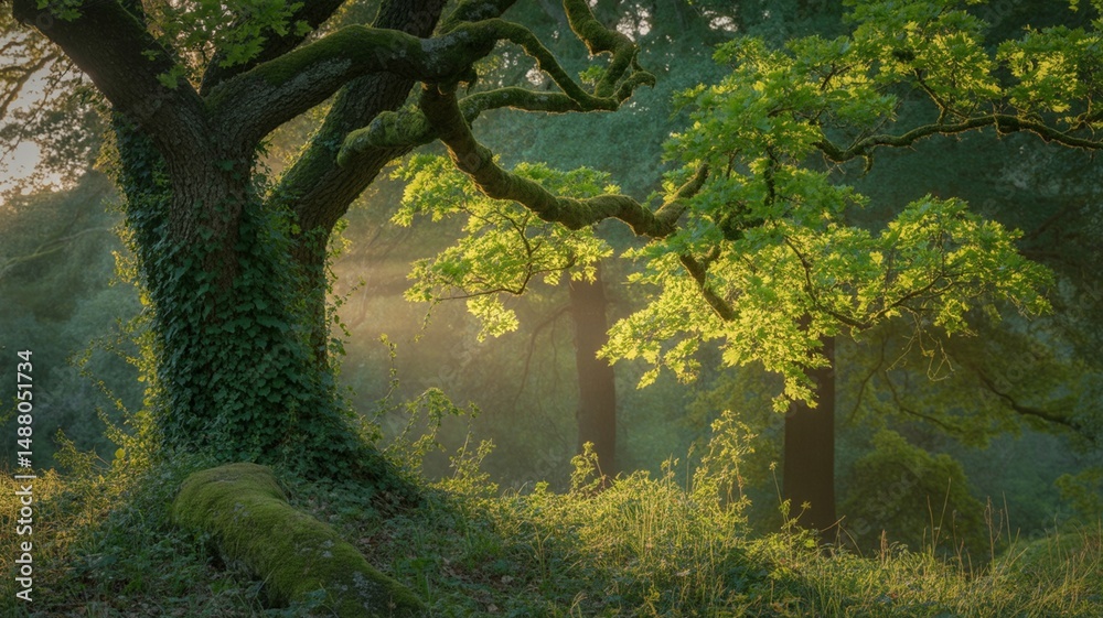 Fototapeta premium Majestic oak tree sunlight forest spring nature