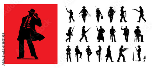 Gangster and cowboy silhouette vector collection with guns, hats, and action poses