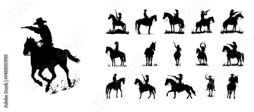 Cowboy riding horse silhouette vector collection with gun, lasso, rifle, and action poses in wild west style illustration