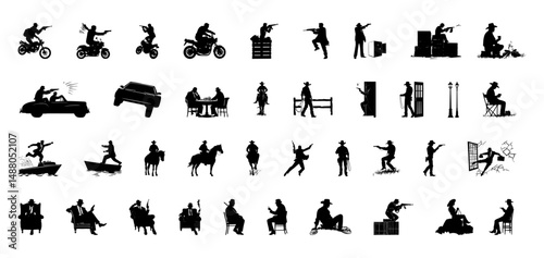 Gangster and cowboy action silhouette set with dramatic poses, guns, vehicles, horses, and crime scenes