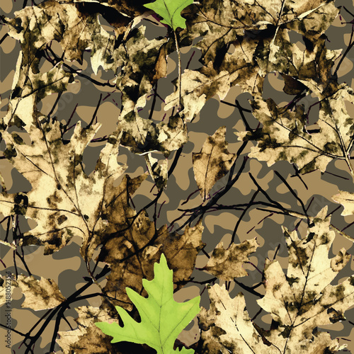Leaves hunting camouflage pattern. Forest camouflage. Tree branches, leaves, . Pattern for clothing, various products. Autumn leaves pattern