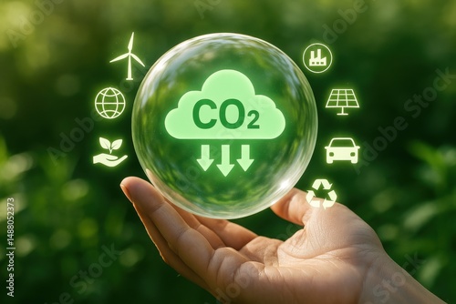 CO2 Reduction:  A hand gently cradles a transparent bubble containing a green cloud with the inscription 