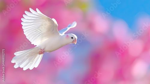 White Bird Flying in Front of a Pink Blurred Background