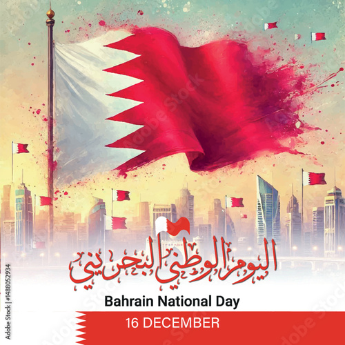 Bahrain National Day Celebration – Arabic Calligraphy and Flag with Red Artistic Theme