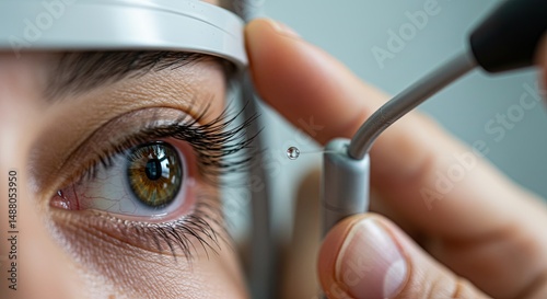 Close up eye examination with tonometer checking eye pressure health