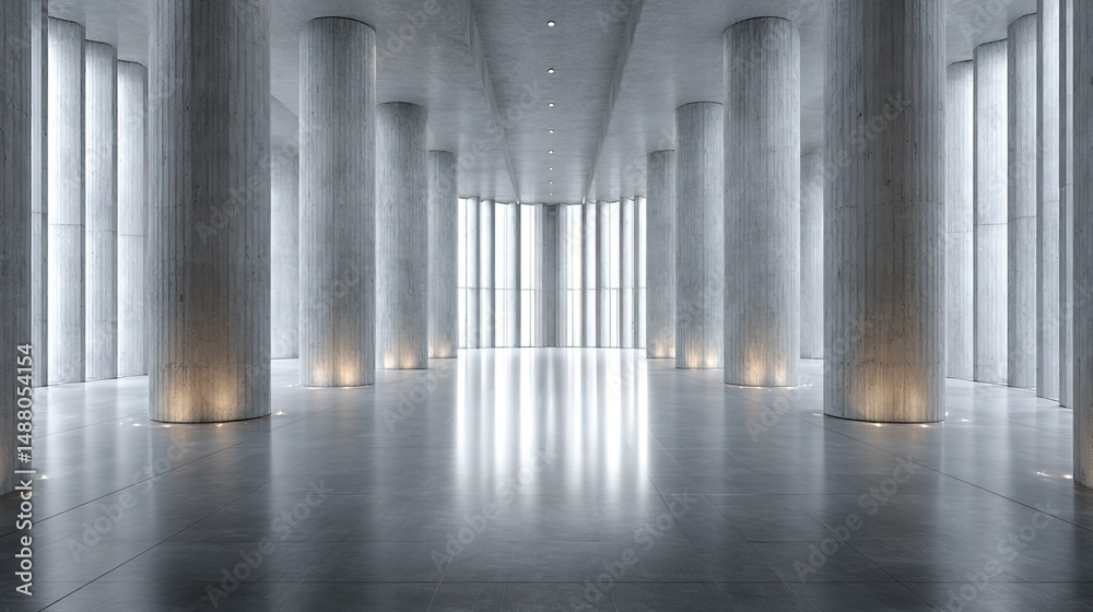 Fototapeta premium Modern concrete hall with towering columns and luminous windows, embodying architectural minimalism and serene grandeur.