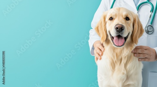 A dog is being petted by a doctor