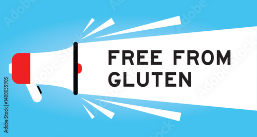 Color megaphone icon with word free from gluten in white banner on blue background