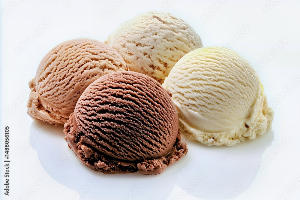 Fototapeta premium Assorted ice cream scoops in chocolate, vanilla, and caramel flavors on a white background.