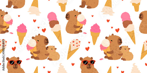 Vector capybara seamless pattern. Cute capibara eating ice cream with closed eyes. Funny happy animal illustration isolated on white background. Comic trendy guinea pig clipart