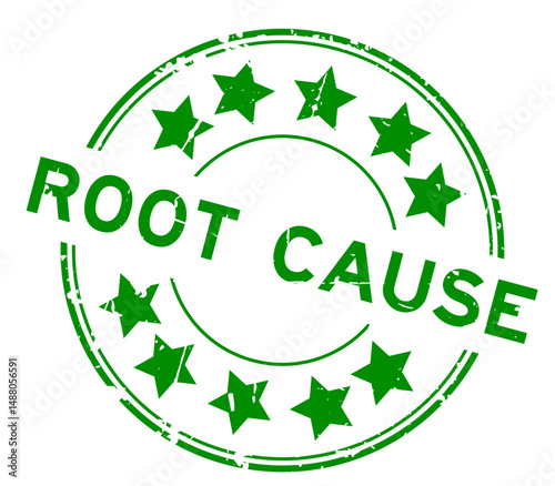 Grunge green root cause word with star icon round rubber seal stamp on white background