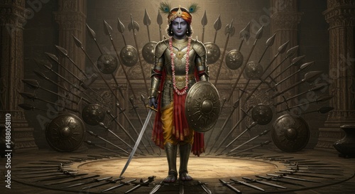 Armored Krishna: A Warrior God Amidst Weapons and Shields