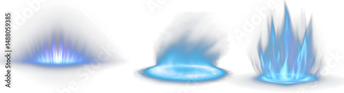 Icy blue aurora glow with fire and flame effects, smooth radiance rising from ground, mystical energy beams isolated on transparent background for fantasy, sci-fi, or magical power design use