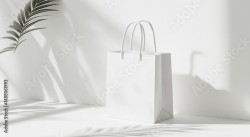 Maquete de uma sacola de compras de papel branca e limpa sobre um fundo branco, exibindo seu design simples e alças resistentes photo