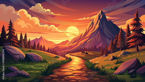Beautiful sunset on a mountain with a path leading up. The path is surrounded by grass and rocks. The sun is setting behind the mountain
