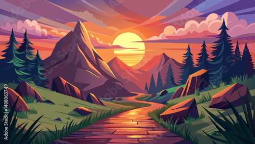 Beautiful sunset on a mountain with a path leading up. The path is surrounded by grass and rocks. The sun is setting behind the mountain