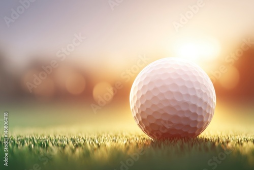 Closeup of a Golf Ball on Grass at Sunset with Beautiful Lighting on a Golf Course in a Relaxing Outdoor Setting