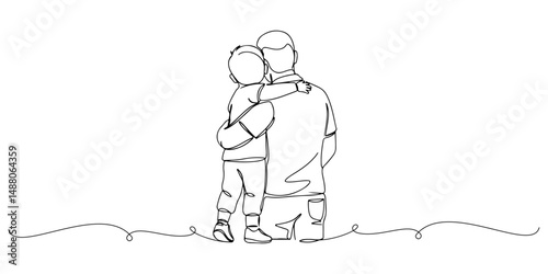 Continuous one line drawing of little boy hugging his father from behind, representing sincere affection on Father's Day, Father's Day celebration line art style vector illustration.