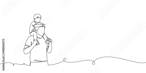 Continuous one line drawing of a father carrying a small child on his shoulder, representing the happiness and closeness of Father's Day, Father's Day celebration line art style vector illustration.