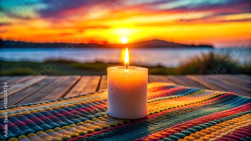 A lit candle on a colorful textile on a wooden table with a sunset over the sea in the background