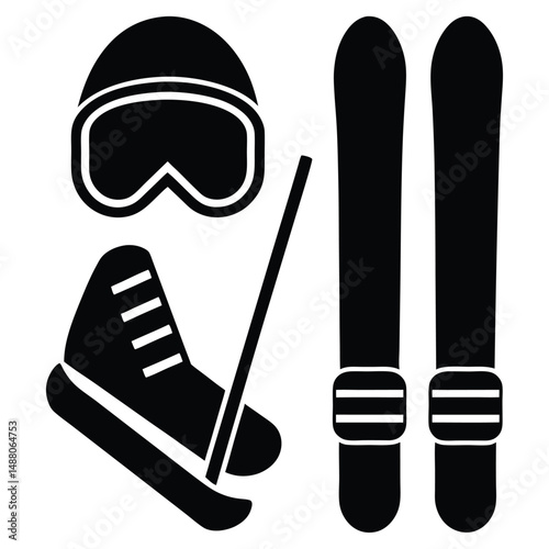 Skiing Equipment Icons Goggles, Skis, Boots, Poles - Winter Sports Graphics