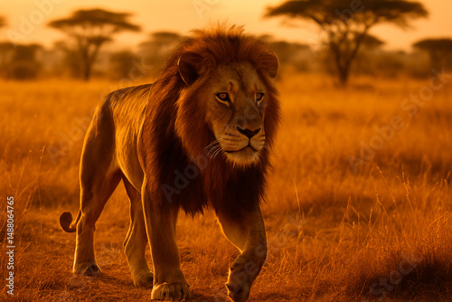 Wallpaper Mural Majestic lion walking across the golden savannah Torontodigital.ca