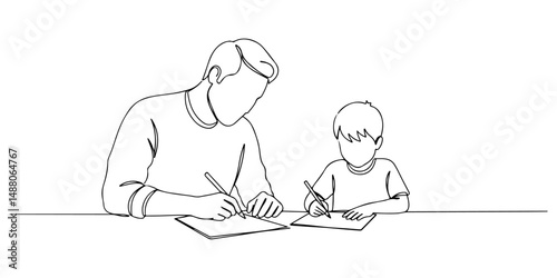 Continuous one line drawing of father and son drawing together at the table, representing the creative moment of Father's Day, Father's Day celebration line art style vector illustration.