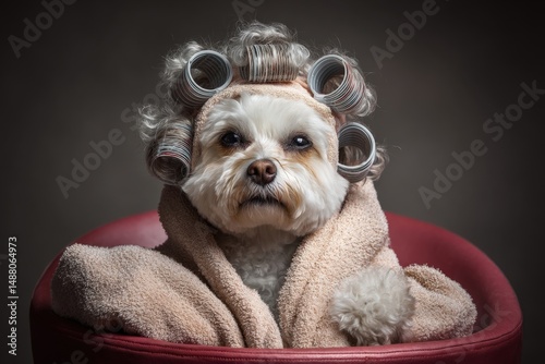 Small dog wrapped in a beige towel, head covered with hair curlers, sitting in a red chair, looking directly at the camera with a serious expression. Curly fur accentuates the scene