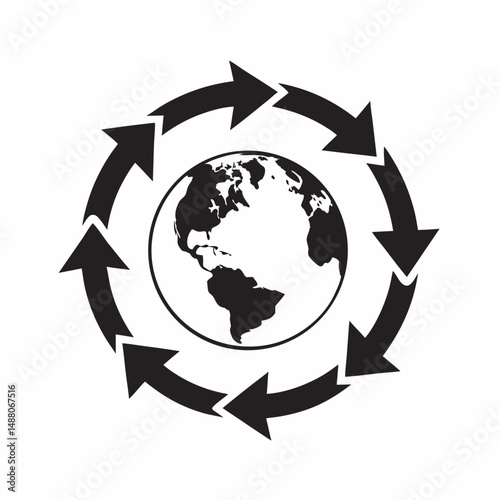 Recycling symbol with Earth and arrows in black and white design  