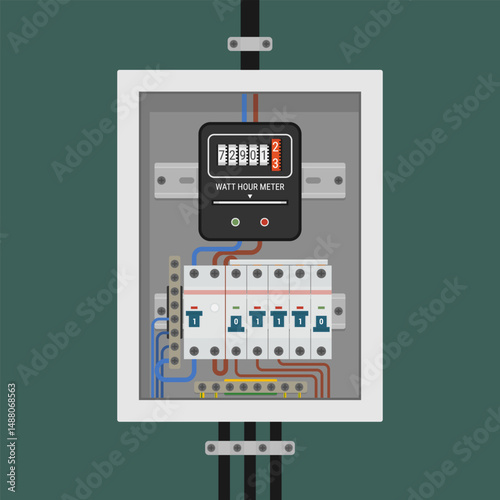 Electrical circuit breaker panel with installed equipment and neatly connected cables. Vector illustration, EPS10