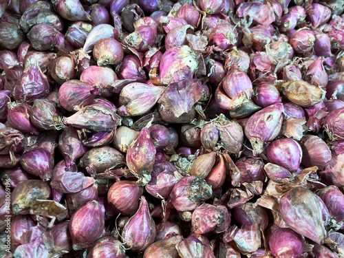Close up of fresh red onion in the market. Bunch of onions are displayed for sale, commonly for delicious foods or cooking ingredient