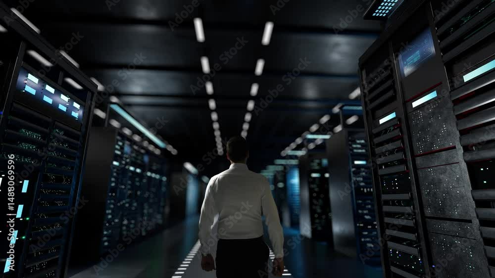 SAAS. IT Administrator Activating Modern Data Center Server with Hologram.