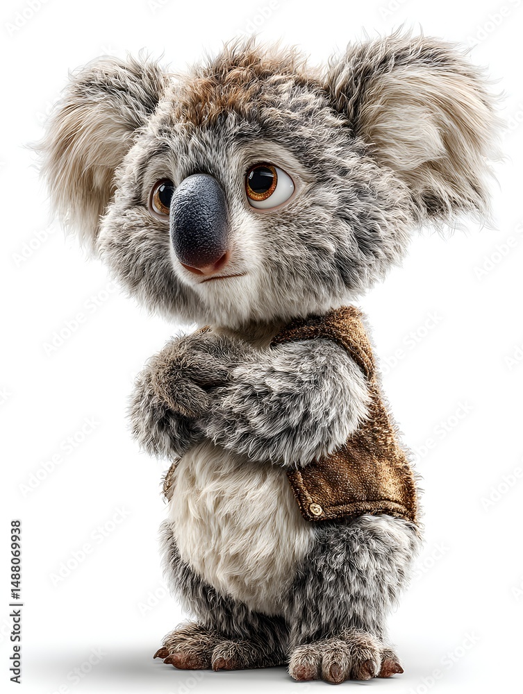 Obraz premium An adorable cartoon koala bear cub wea a brown leather vest stands against a white background.
