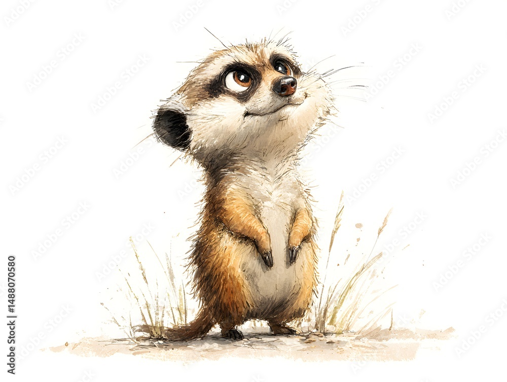 Fototapeta premium Adorable cartoon meerkat standing on hind legs looks up curiously with whical expression against a white background.