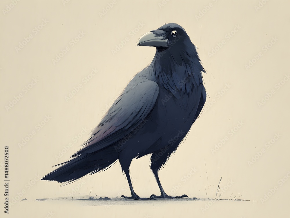 Fototapeta premium A majestic black raven stands proudly on pale ground, its dark feathers detailed in a stylized illustration.