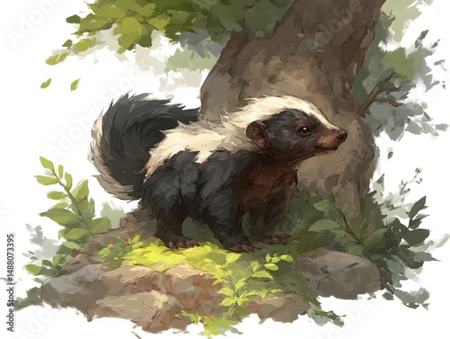 A cute baby skunk stands on a mossy rock under a large tree in a lush green forest environment.