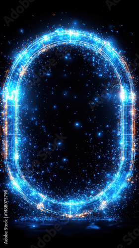 Glowing blue oval frame filled with sparkling stars and light particles against dark background creates mesmerizing visual effect