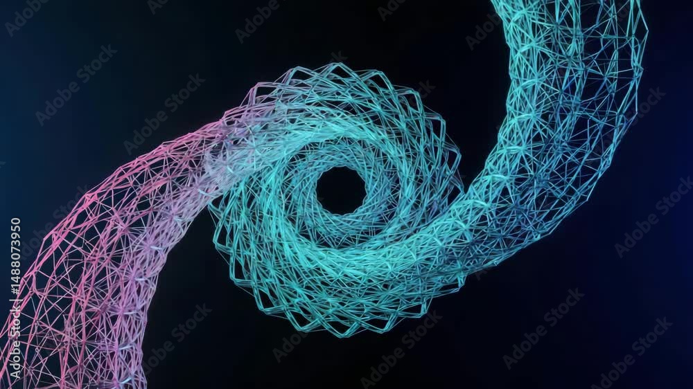 Loop animation of a twisting wireframe tunnel shifting colors between blue and purple, creating a mesmerizing geometric pattern. Ideal for futuristic, abstract, and digital visuals.